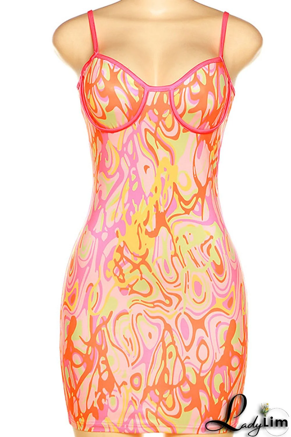 Orange Sexy Print Patchwork Spaghetti Strap Sling Dress Dresses