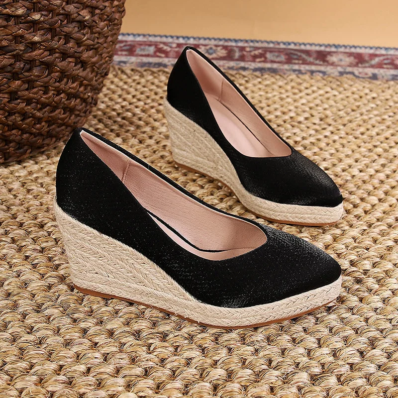 Wongn Wongn And Autumn New Slope Heel Shallow Mouth Single Shoes Women's High Heel Thick Heel Grass Woven Hemp Rope Thick Bottom Large Size Women's Shoes