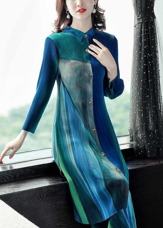 VCSHOES Slim Fit Blue Green Peter Pan Collar Wrinkled Gradient Color Shirt Dress And Straight Pants Two Pieces Set Fall