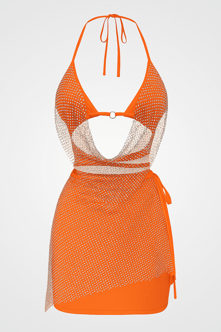 Hot Drilling Fishnet Backless Halter Neck Bra Mini Skirt Matching Set-Orange