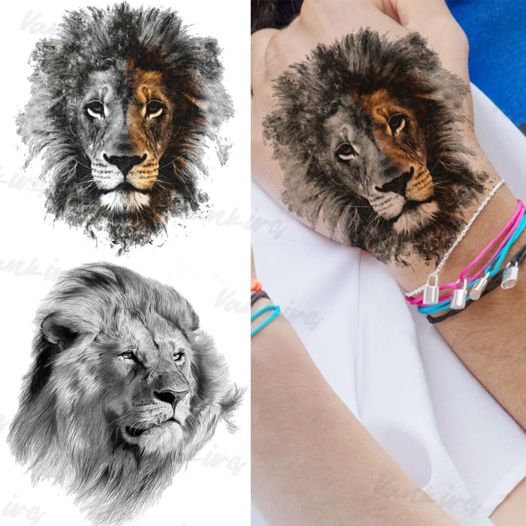 Sdrawing Lion Knight Temporary Tattoos For Men Adults Realistic Tiger Skeleton Fake Tattoo Sticker Arm Water Transfer Tatoos 3D