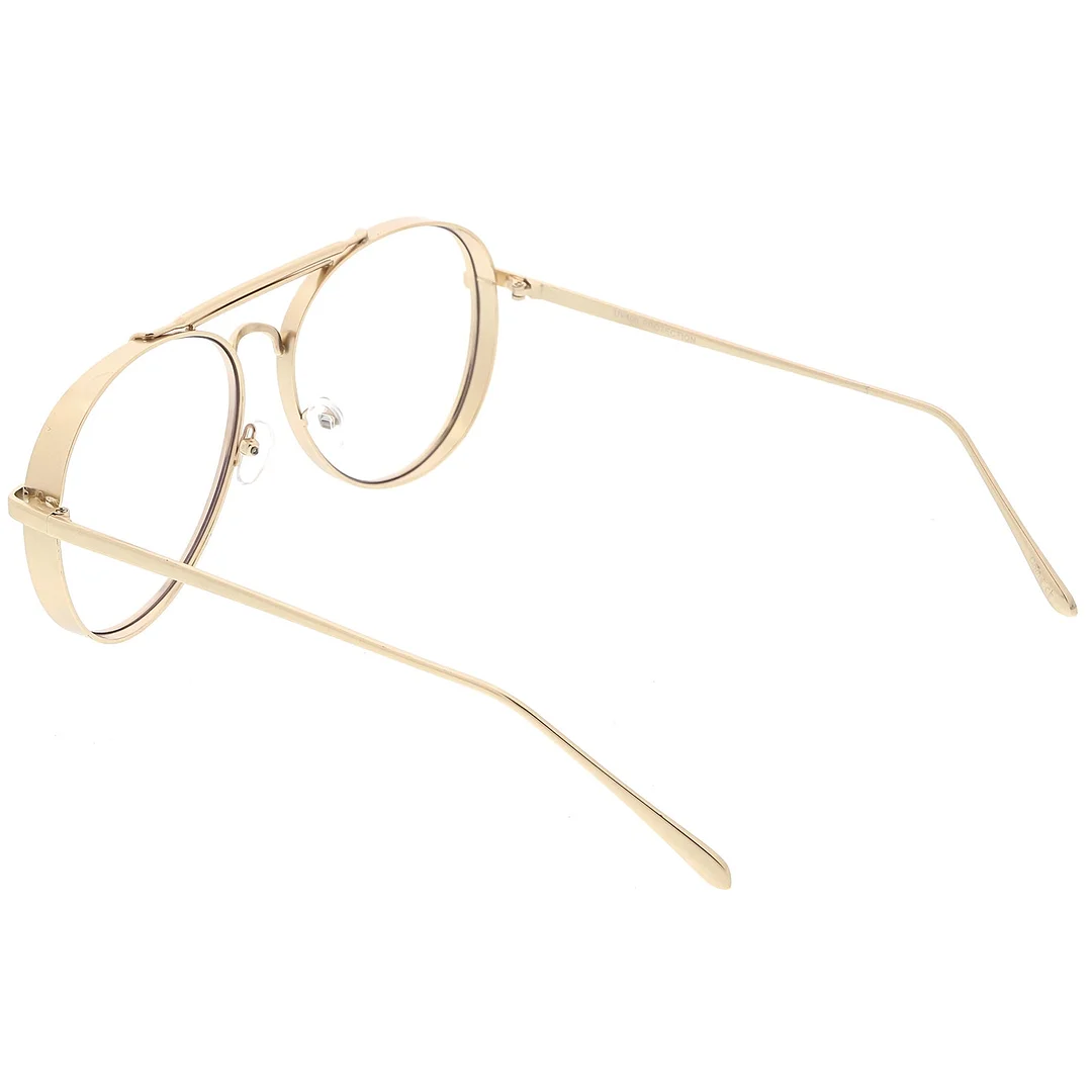 Oversize Metal Aviator Eyeglasses With Triple Crossbar Side Cover Clear Flat Lens 60mm