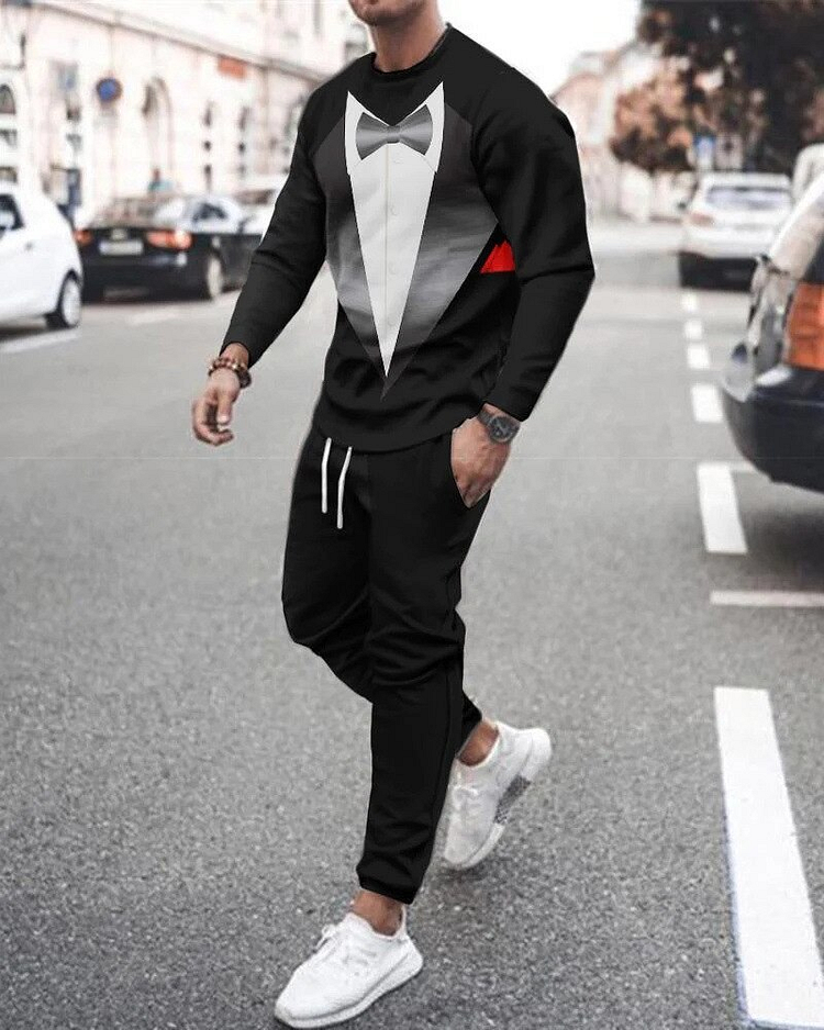 Men's Casual Gentleman Print Color Matching Long Sleeve Sports Set 006