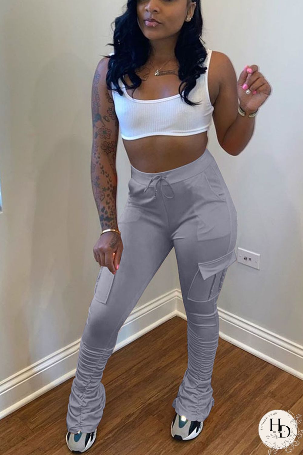 Yellow Drawstring High Solid Pocket Draped Boot Cut Pants Bottoms