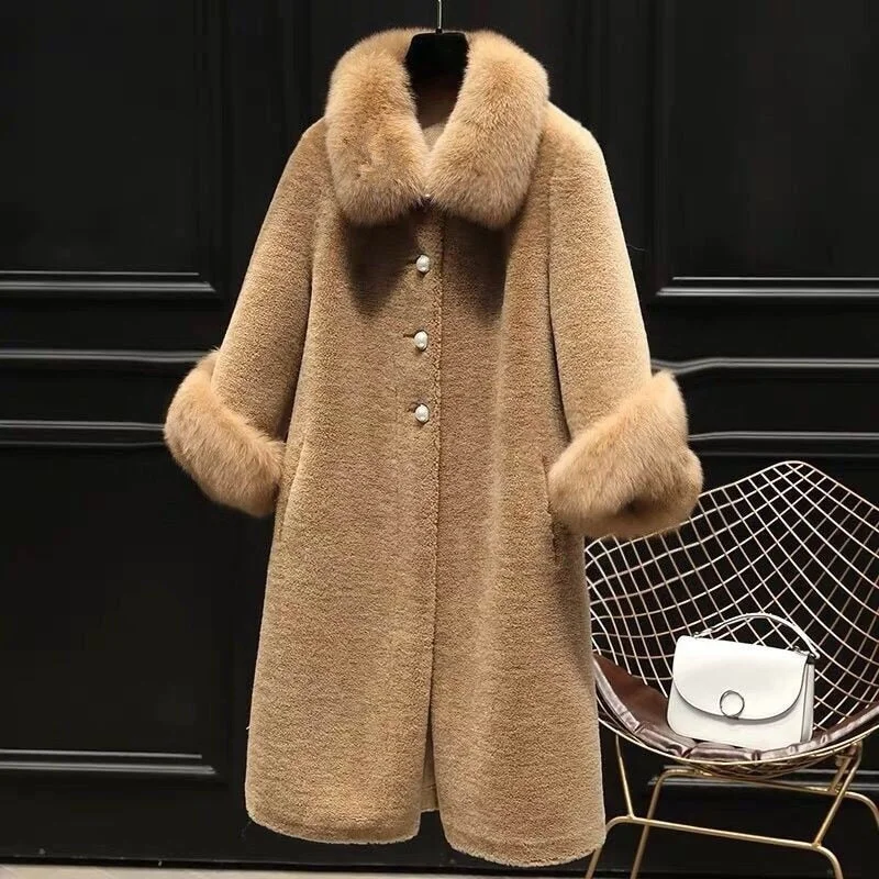 2021 Autumn And Winter Leisure Sheep Shearing Coat Women's Medium And Long Imitation Fox Fur Collar Loose Granular Fur Imitation
