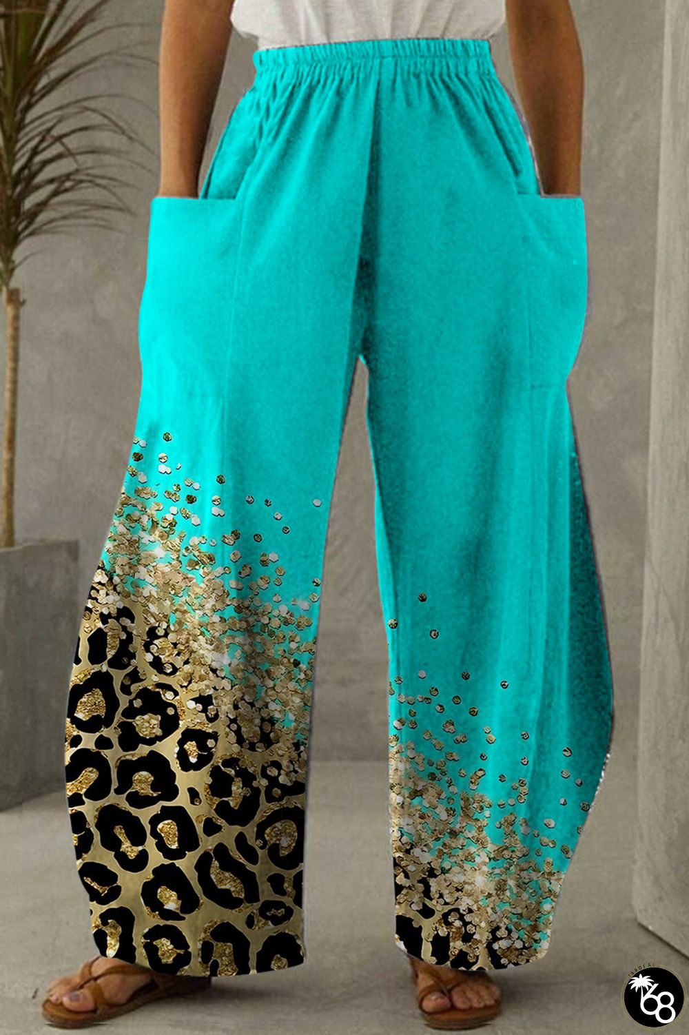 Cyan Casual Print Patchwork Pocket Regular High Waist Conventional Full Print Trousers | 168DEAL