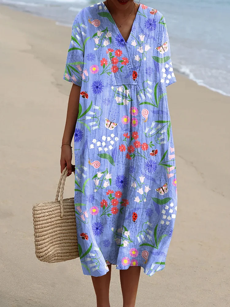 Women's Vintage Flower Art Print Flowy Dress