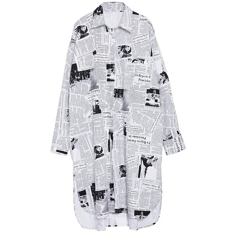 Fashion Loose Solid Color Lapel News Paper Printed Long Sleeve Shirt