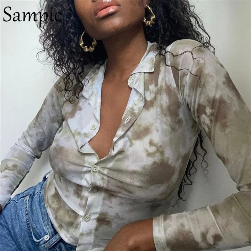 Sampic Vintage Fashion Sexy Women Mesh Y2K 90s Long Sleeve T Shirt Casual Tie Dye Summer 2021 Transparent Party GradienCrop Tops