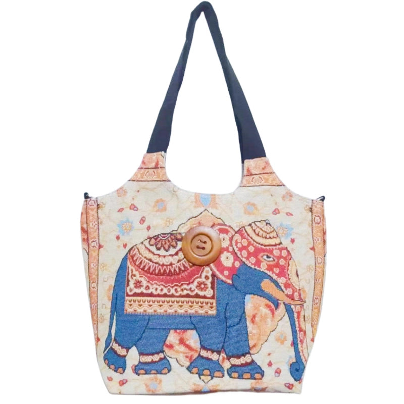 Women’s Large Canvas Elephant Ethnic Style Square Zipper Shoulder Bag