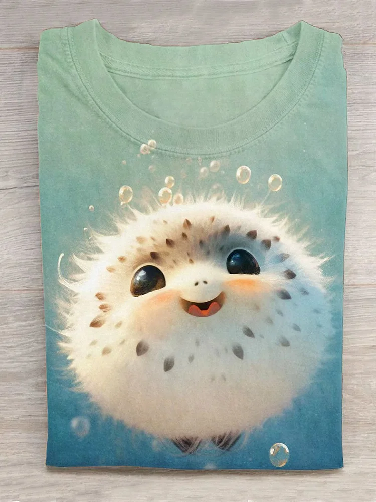 Funny Cute Puffer Fish Art Print Design T-shirt