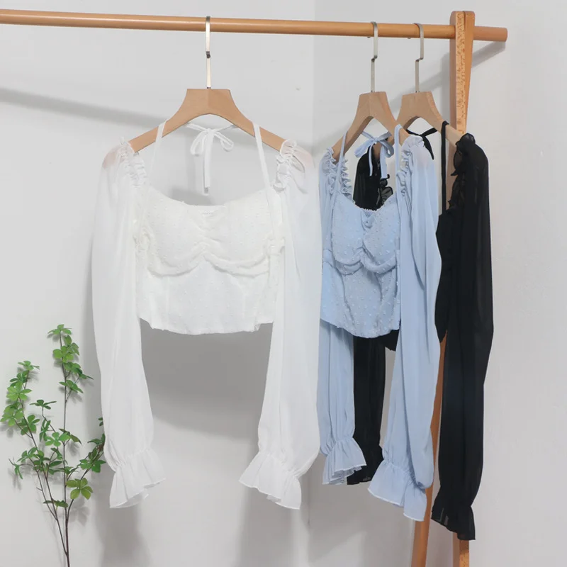 Uveng Fang Collar Leak Collar Collar Collar Short Shirt 2023 Spring Dress New Lantern Long-Sleeved Collar With Hanging Neck Shirt Women's Top 8876