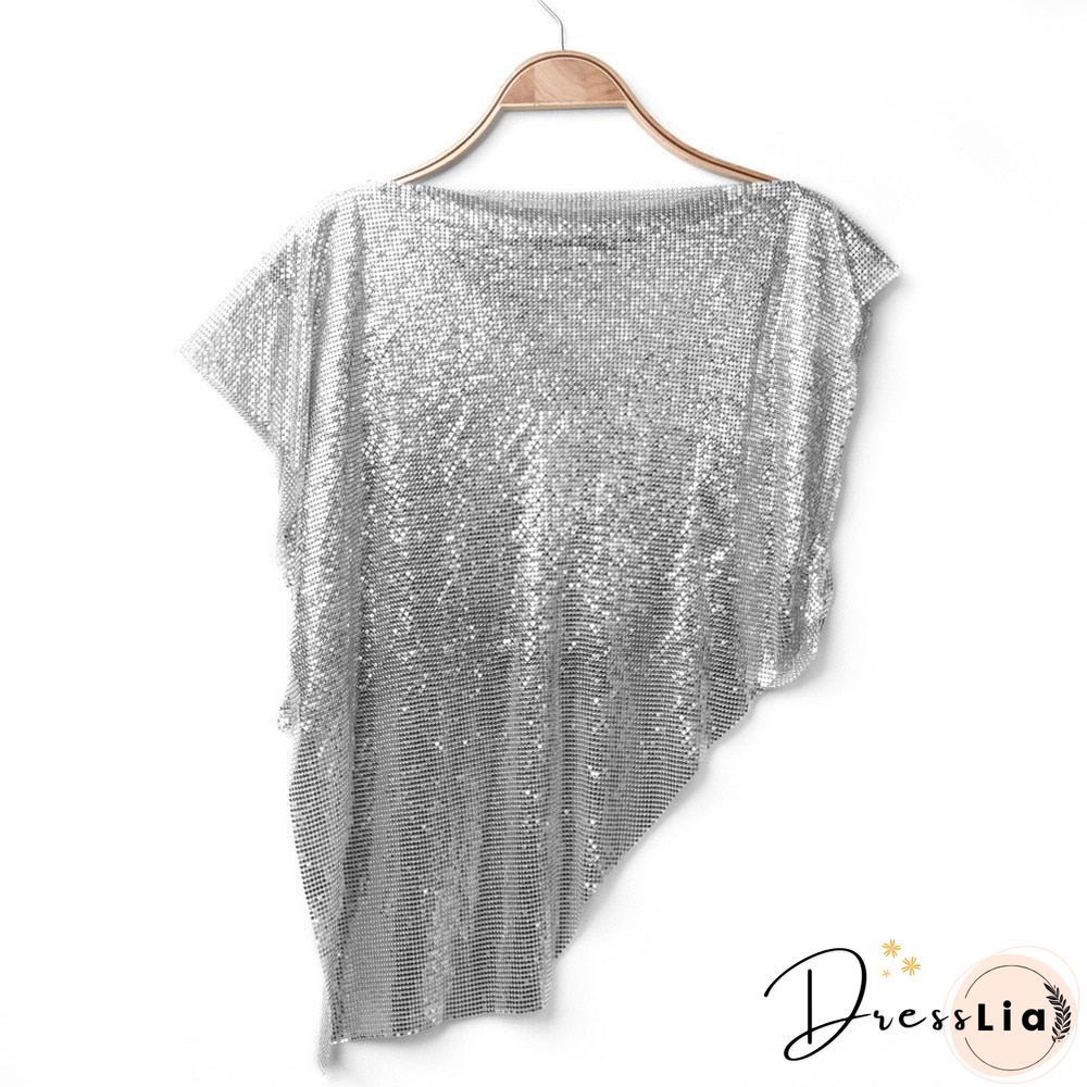 Silver Sexy Metal Short Sleeve Women's T-shirts O Neck Asymmetry Back Hollow Out Tops Clubwear Shine Sequins Hot T Shirt