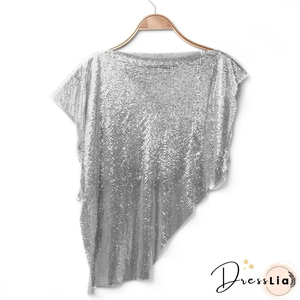 Silver Sexy Metal Short Sleeve Women's T-shirts O Neck Asymmetry Back Hollow Out Tops Clubwear Shine Sequins Hot T Shirt
