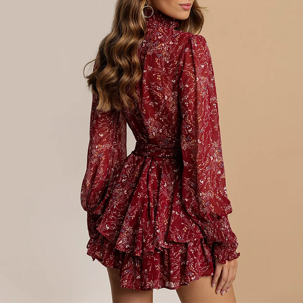 Uveng Uveng New Women's Wear Temperament Long Sleeve Broken Floral Flounces Short Autumn And Winter Dress Female