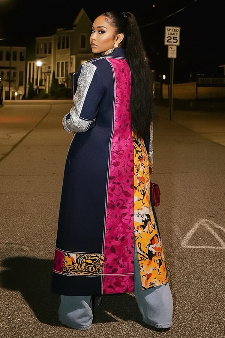 Floral Colorblock Patchwork Notch Lapel Overcoat-Multicolor [Pre Order]