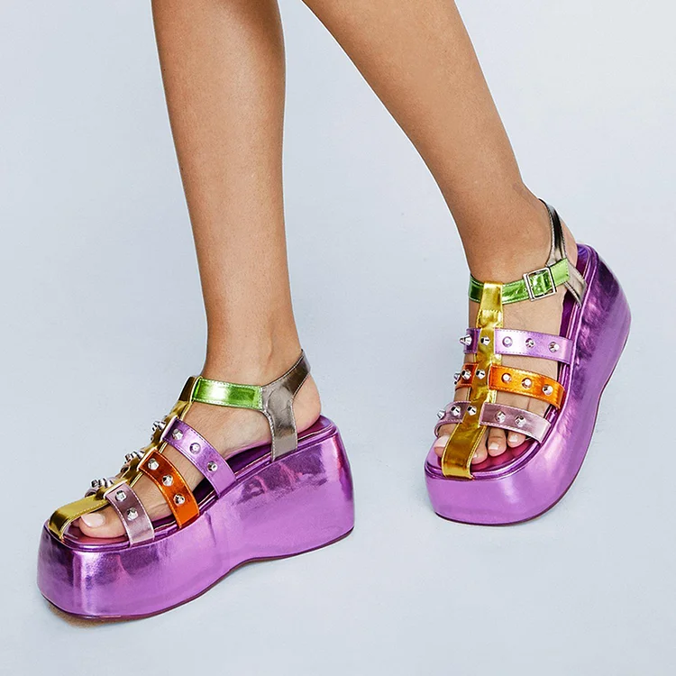 Multicolor Metallic T-Strap Square Toe Studded Platform Sandals |FSJ Shoes