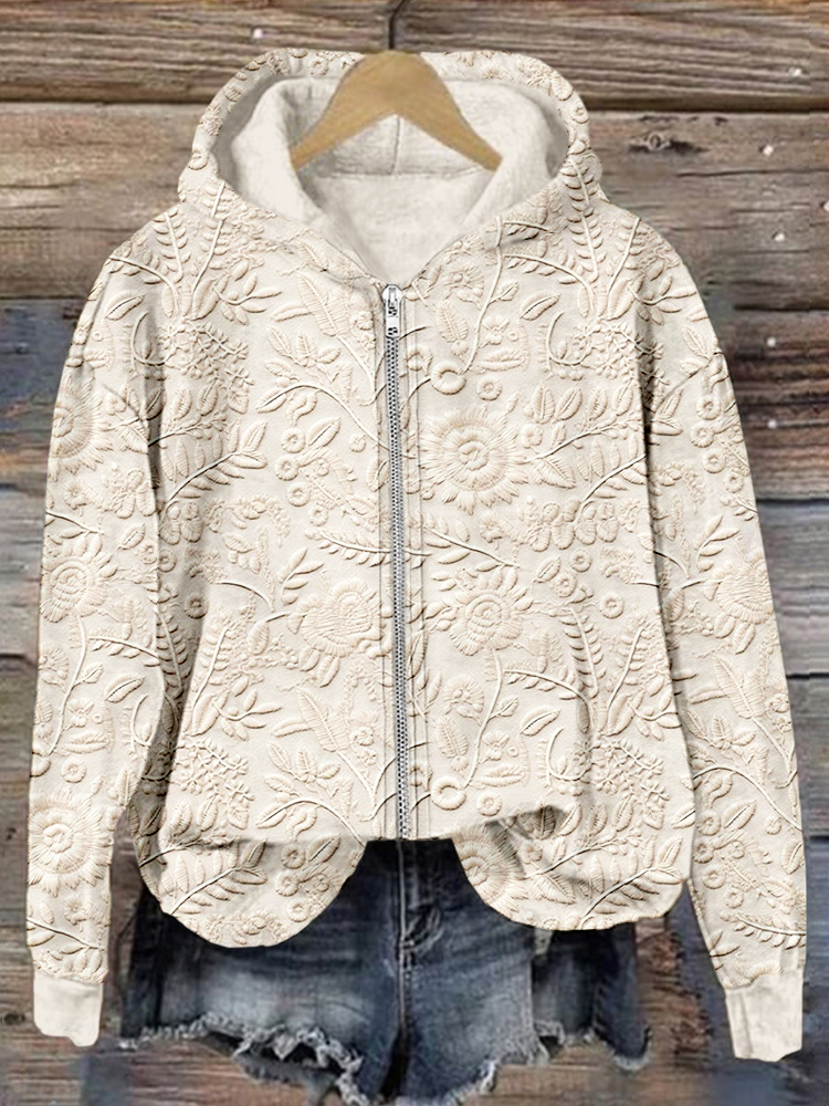 Comstylish Vintage Floral Embroidered Zip Up Cozy Hoodie
