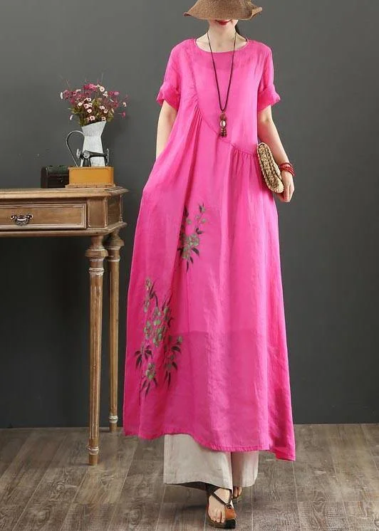 Chic Rose Print asymmetrical design Party Summer Linen Dress