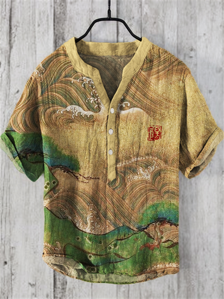 menweary Sea Waves Mountains Landscape Japanese Art Linen Blend Shirt