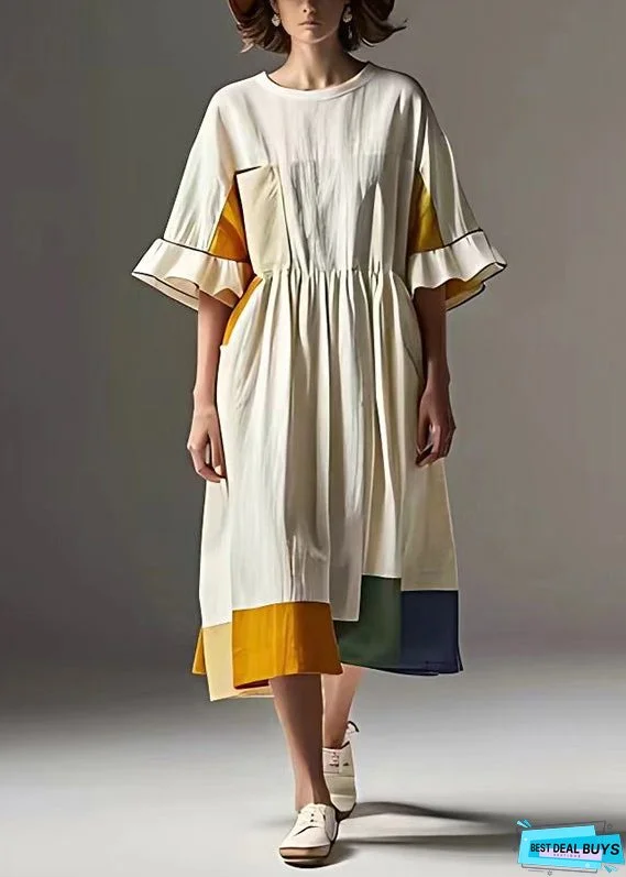 Women White Cinched Patchwork Cotton Vacation Dresses Summer