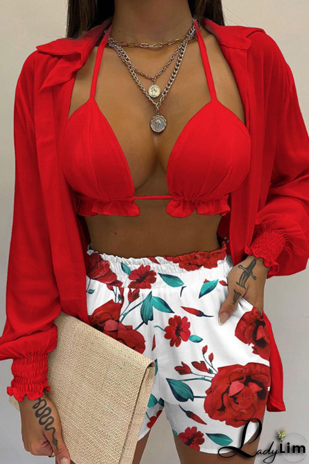 Yellow Sexy Print Patchwork Turndown Collar Long Sleeve Three Pieces