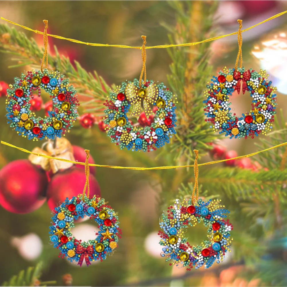5Pcs DIY Christmas Wreath Acrylic Special Shaped 5D DIY Diamond Art Hanging Decor
