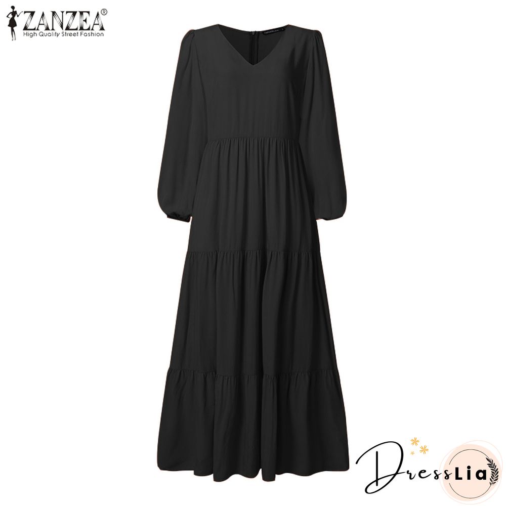 ZANZEA Stylish Ruffle Maxi Dress Casual Puff Sleeve Tunic Vestidos Female Solid Robe Women's Autumn Sundress