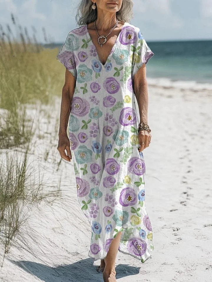 Watercolor Rose Pattern Printed Women's Pocket Cotton Dress