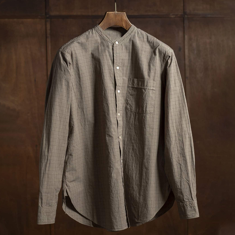 Men's Checked Stand Collar Long Sleeve Brown Shirt