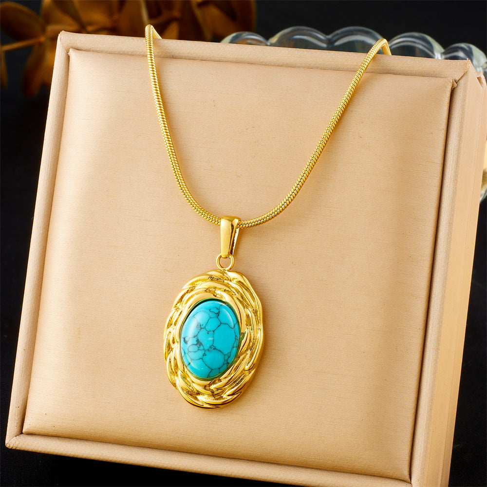 Vintage Oval Blue Turquoise Geometric Pendant Snake Bone Chain Stainless Steel Gold-Plated Necklace