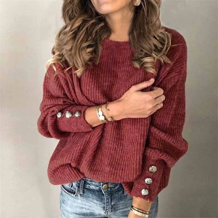 Uveng Street Hipster Long-sleeved Round Neck Button Sweater Top T-shirt