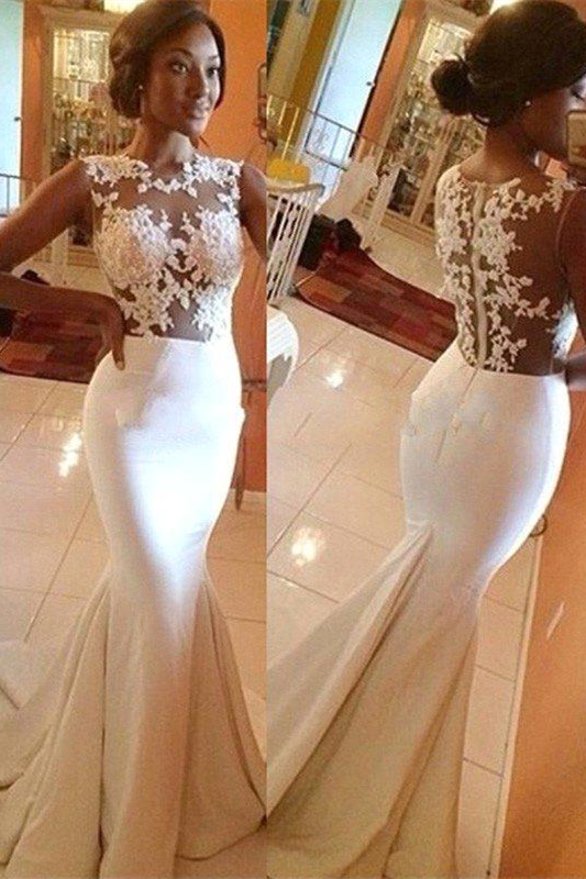 Oknass White Sleeveless Mermaid Prom Dress With Appliques