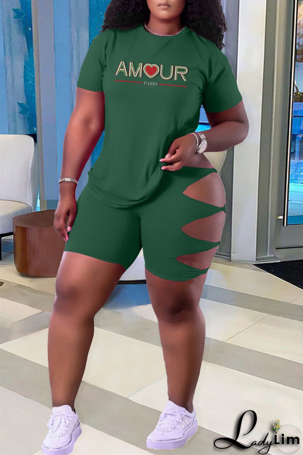 Green Fashion Casual Letter Print Ripped O Neck Plus Size Two Pieces