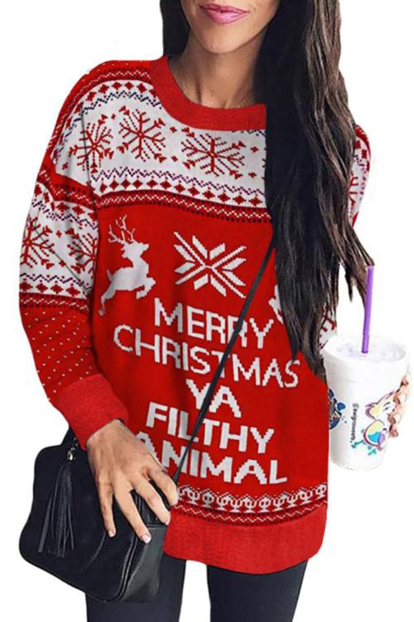Snowflake Reindeer Ugly Christmas Sweater Red-elleschic