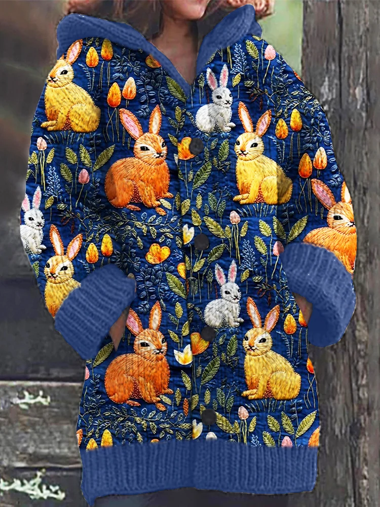 VChics Easter Bunny & Floral Fabric Pattern Cozy Hooded Cardigan
