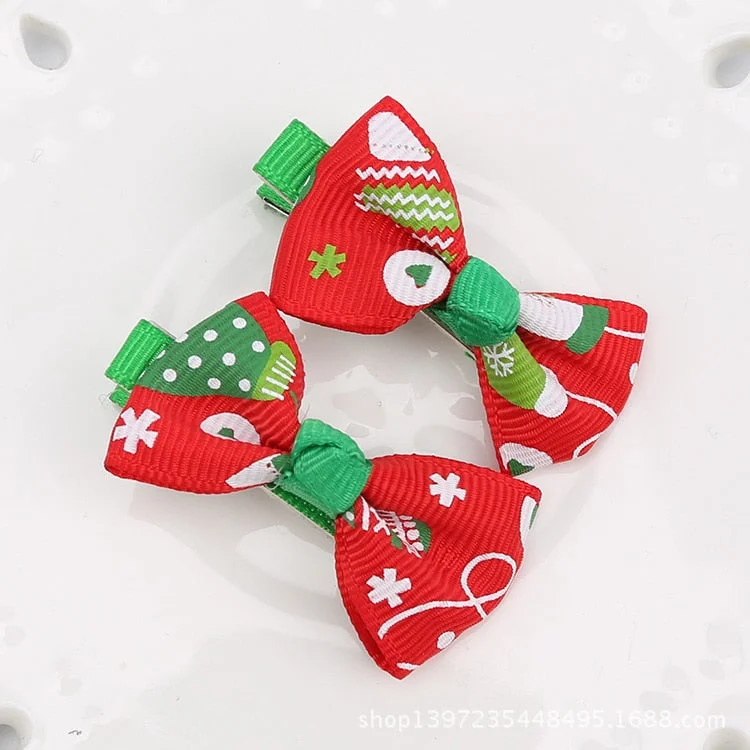 2 Pcs/set Party Bows Hair Clip Christmas Print Bows with Clips for Girls Hair Bows Hair Accessories Hair Pins Barrette