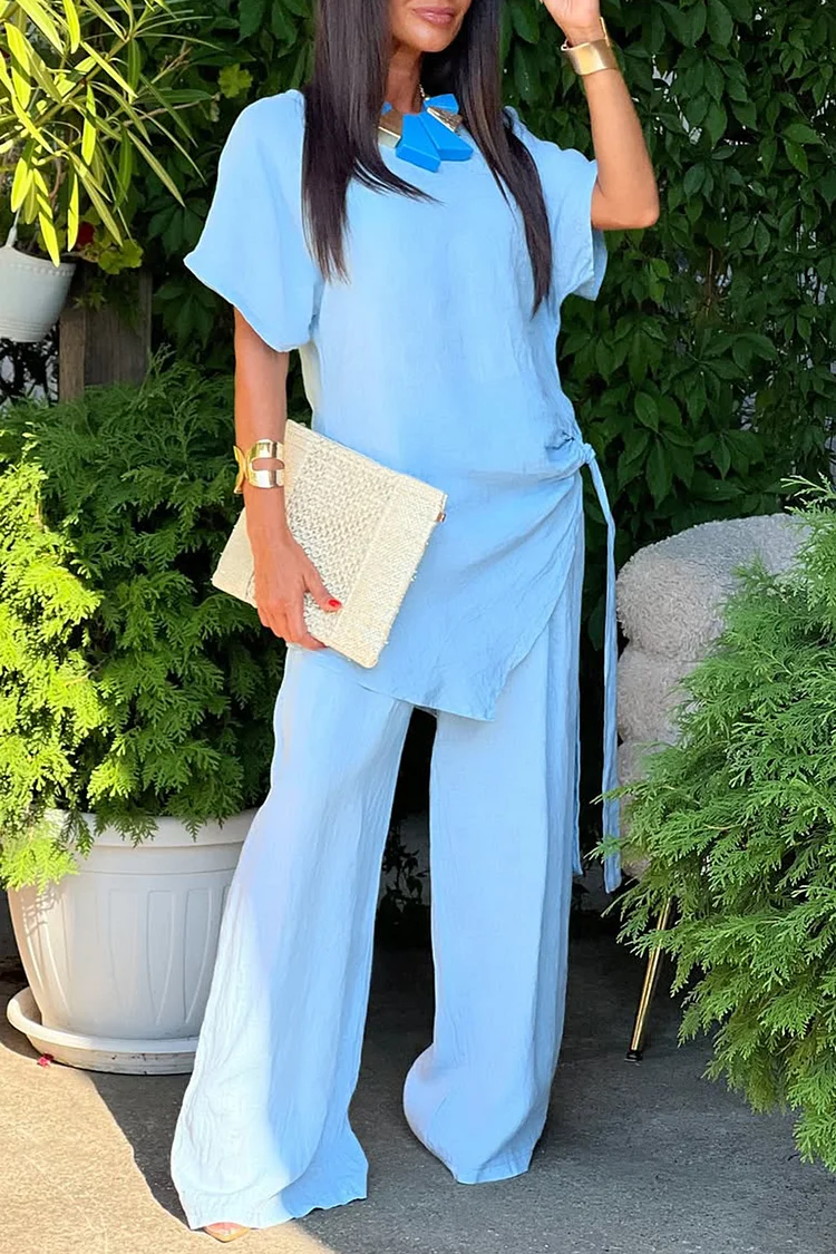 Plus Size Daily Light Blue Round Neck Short Sleeve Asymmetric Hem Casual Ruched Two Piece Pant Sets [Pre-Order] 2024 - Xpluswear