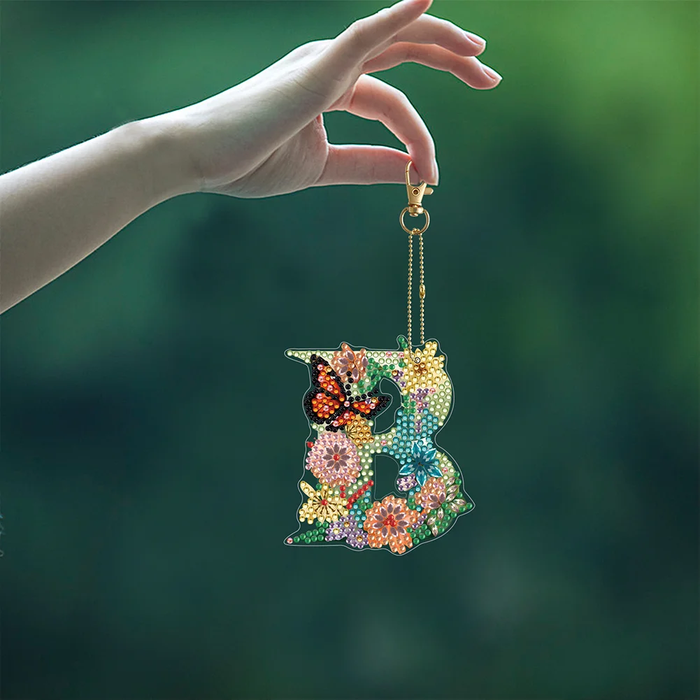 DIY B Diamond Art Key Rings Lettter Keychain Supplies Gift for Kids(Double Sided)