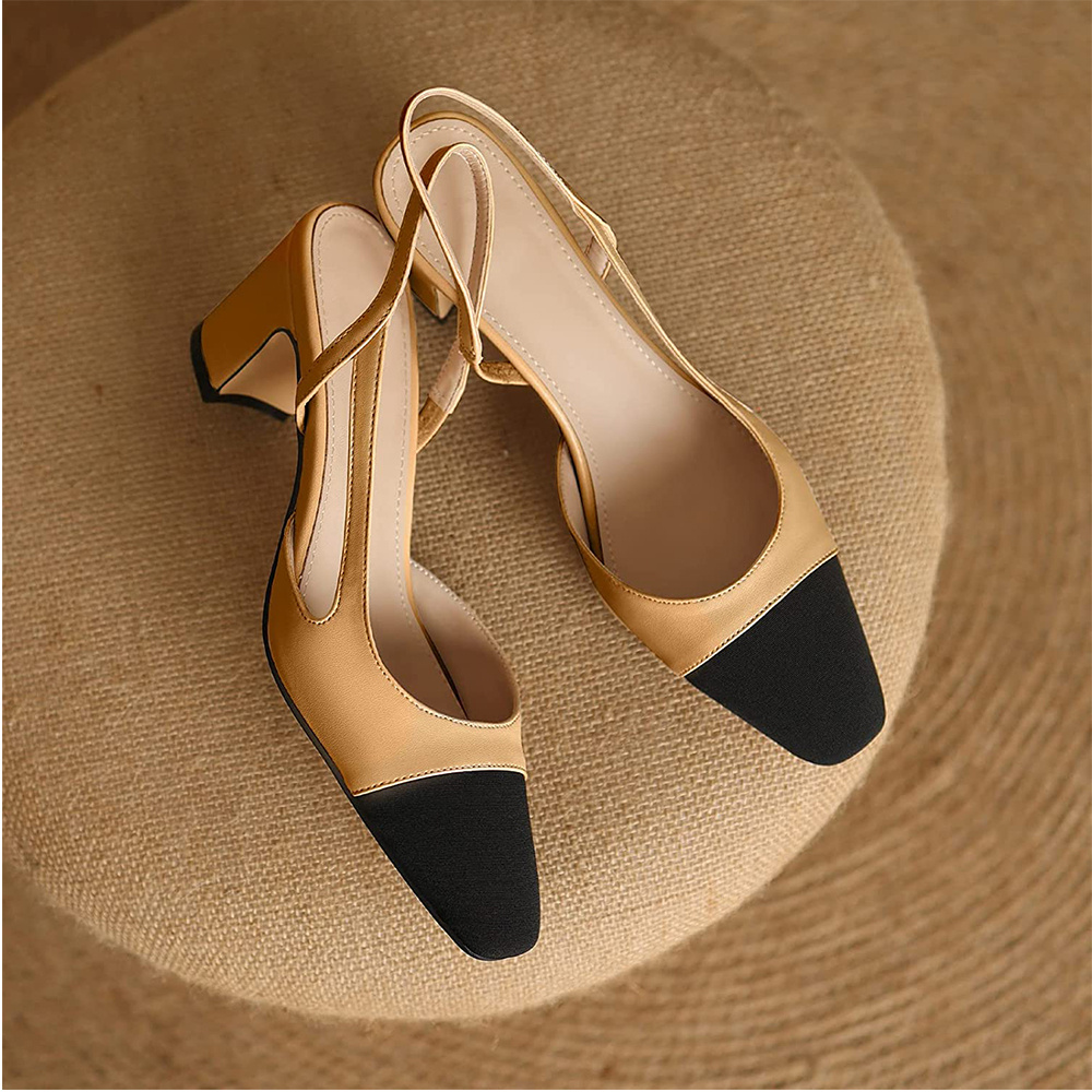 65mm Chunky Heels for Women Slingback Pumps Sandals Splicing Round Toe Casual Wedding Pumps-MERUMOTE