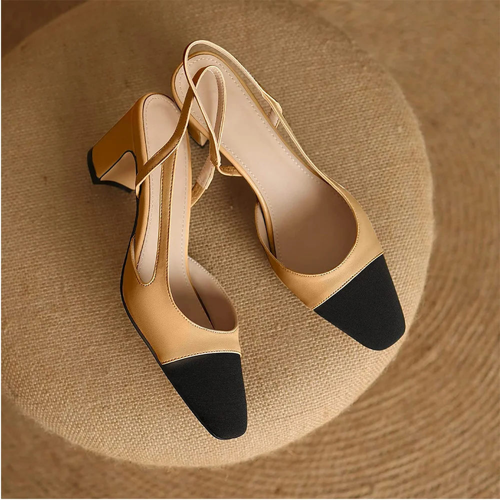 65mm Chunky Heels for Women Slingback Pumps Sandals Splicing Round Toe Casual Wedding Pumps-MERUMOTE