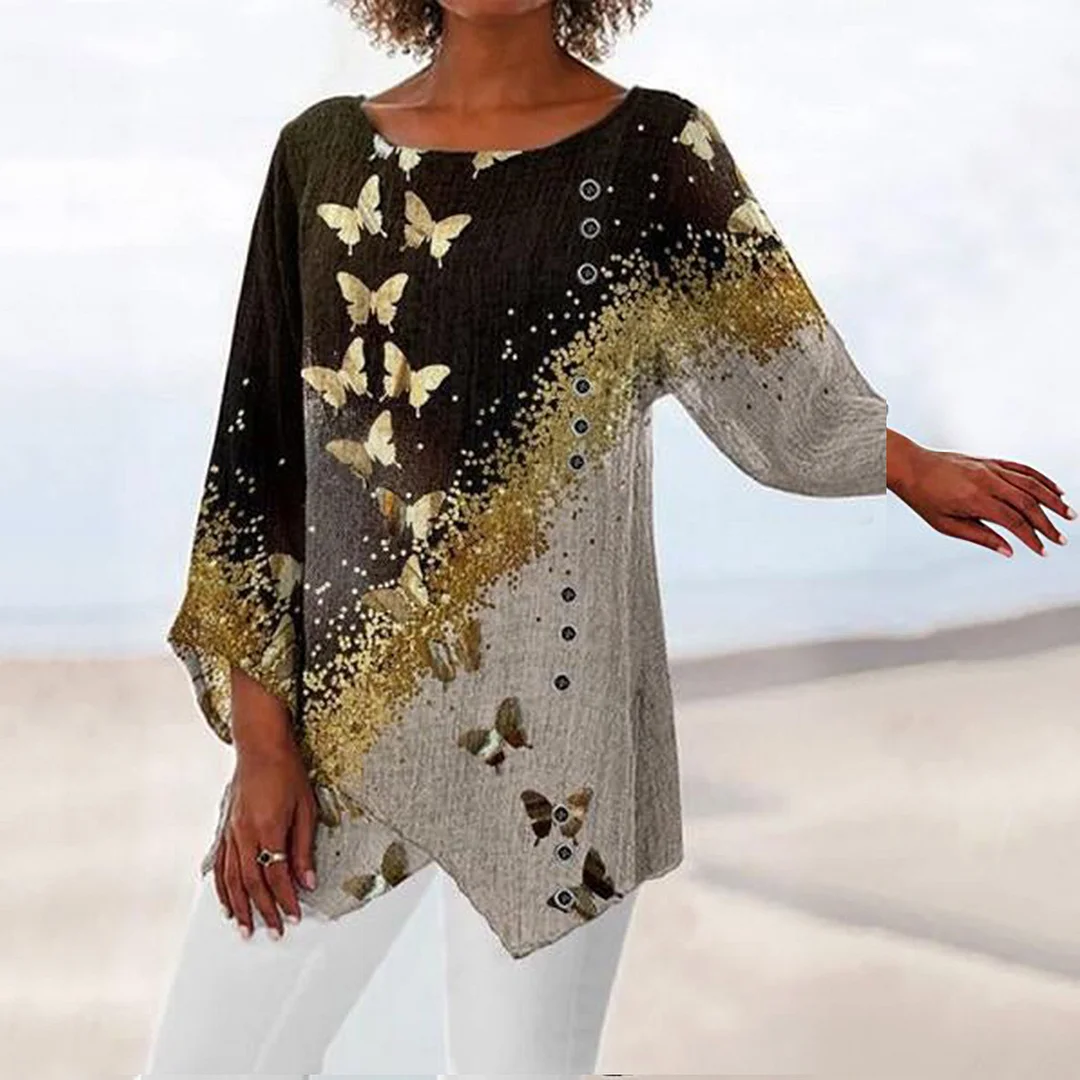 Womens Floral Tunic Tops T-Shirt Ladies Casual Loose 3/4 Sleeve Blouse