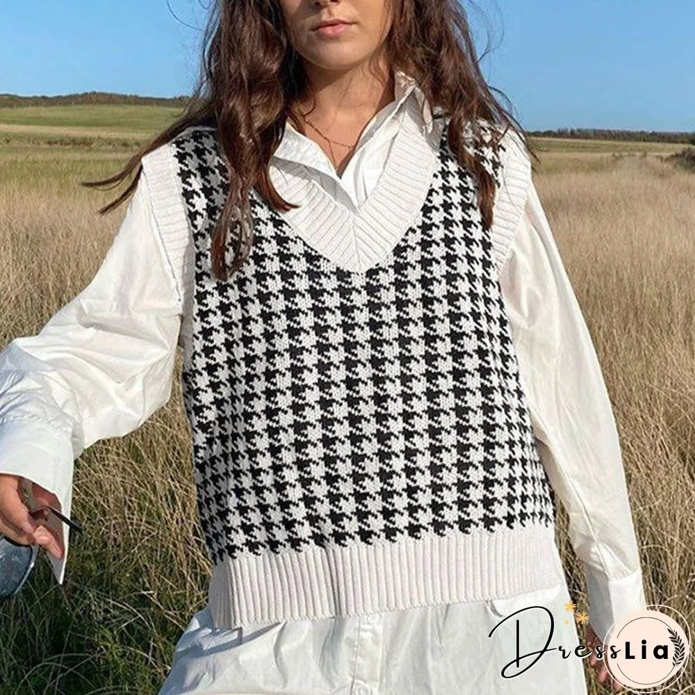 Checkered Cropped Knitted Tank Argyle Sleeveless Jumper