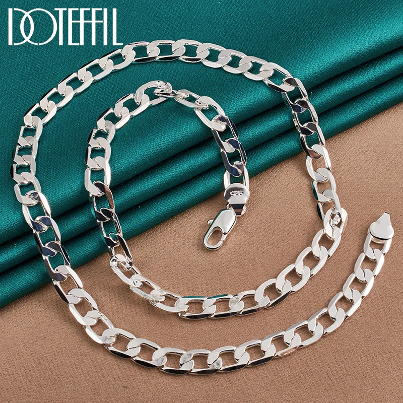 DOTEFFIL 925 Sterling Silver 8mm Flat Side Chain 16/18/20/22/24 Inch Necklace For Women Man Jewelry