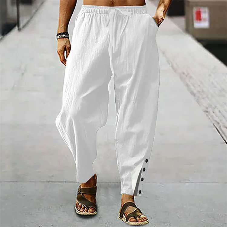 Men's Cotton and Linen Button Drawstring Elastic Waist Solid Color Comfortable Breathable Long Pants Beach Pants