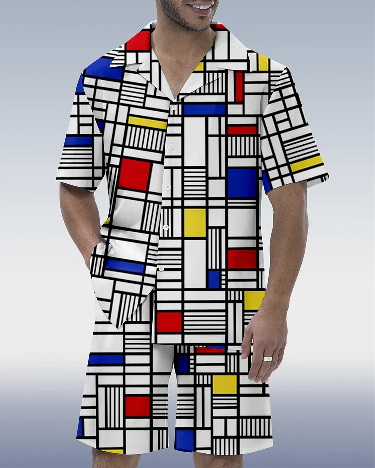 Men's Abstract Geometric Art Cuban Collar Hawaiian Short Sleeve Suit
