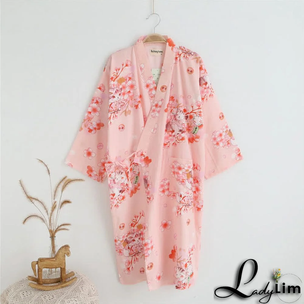 Cartoon Bunny Sakura Print V-neck Kimono Robes