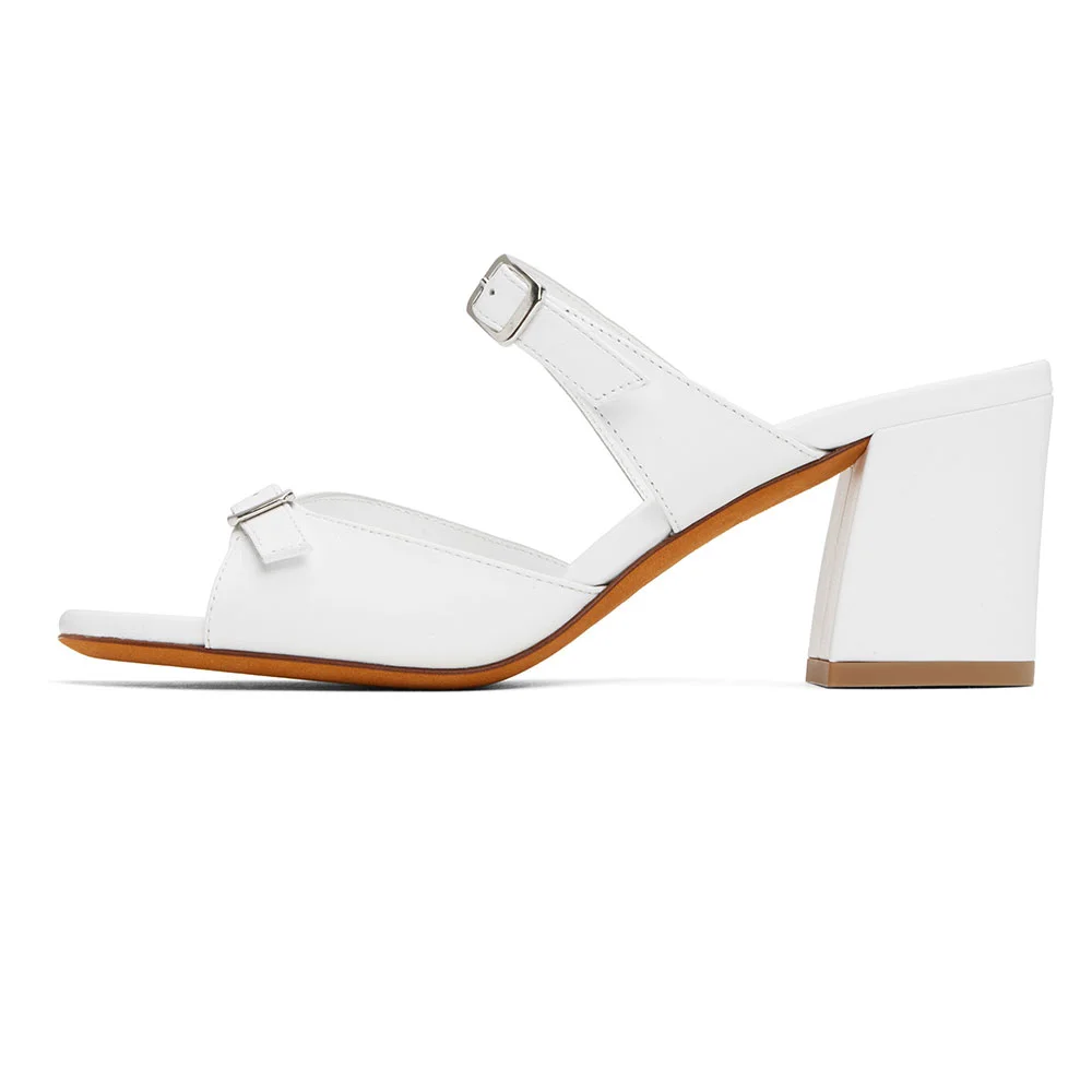 Round Toe Chunky Heel Buckle Strap Slide Sandals Women in White