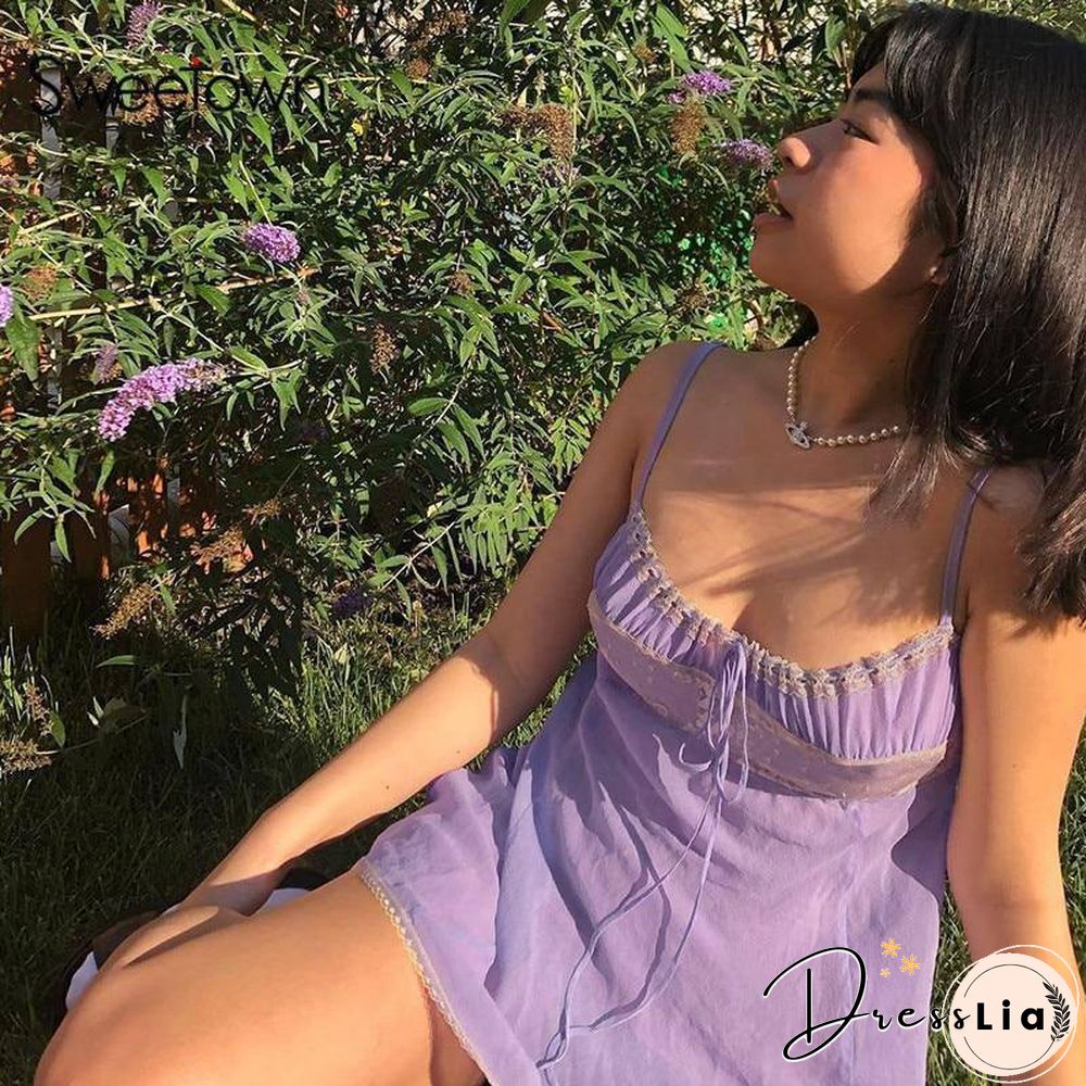 Sweetown Aesthetic Purple Party Dress Women Lace Chiffon Cute Sleeveless Sexy Mini Dresses Lace Up Kawaii E Girl Clothes