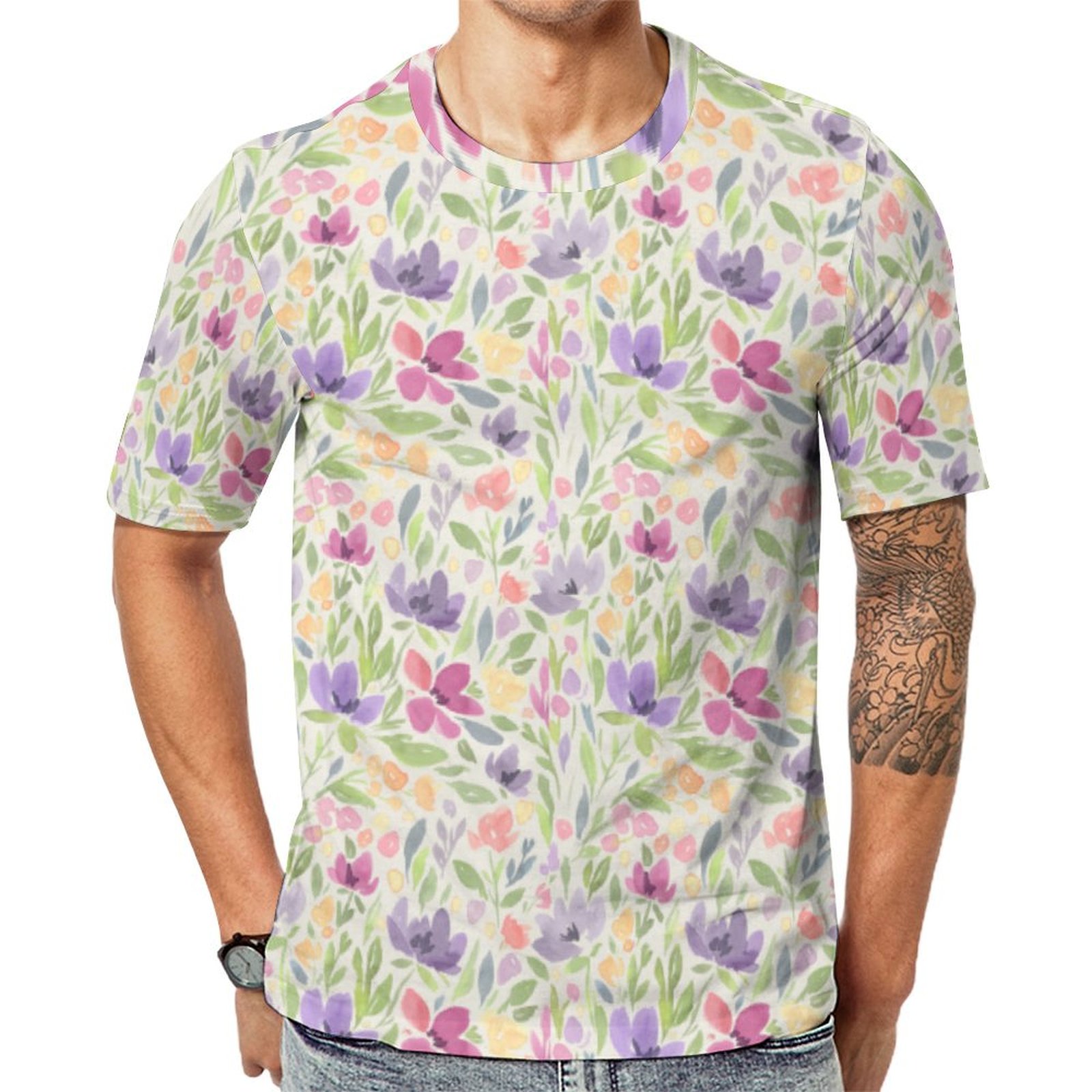 Watercolor Purple Pink Floral Flower  Short Sleeve Print Unisex Tshirt Summer Casual Tees for Men and Women Coolcoshirts